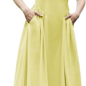 Women’s Summer Cocktail Dress Polyester Square Neck Drop Waist Flowy Midi Yellow